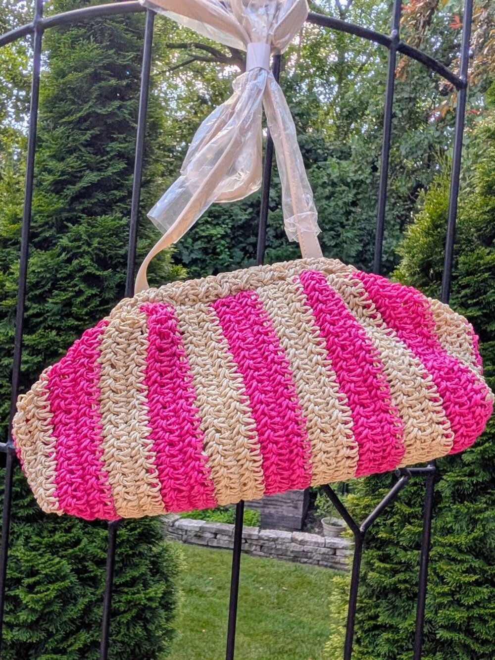 Loft Ruffle Straw Bag - Hot Pink Striped - NWT
